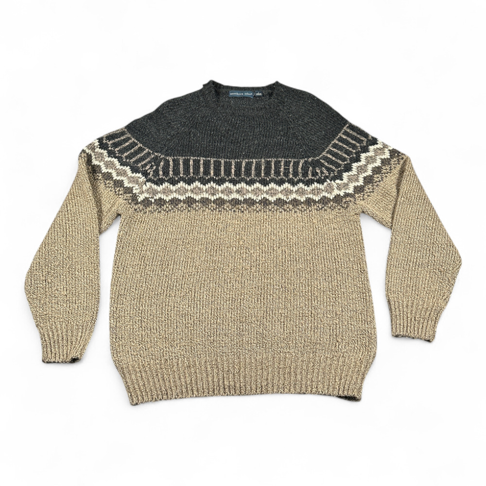 Northern Isles Sweater Womens LARGE Brown Gray Nordic Fair Isle Raglan Y2K